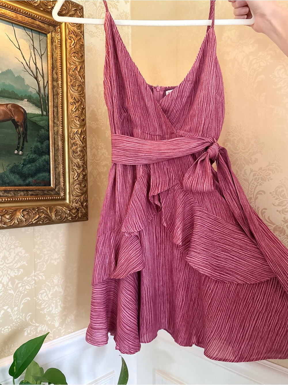Pink Striped Ruffle Wrap Mini Dress with Tie Waist